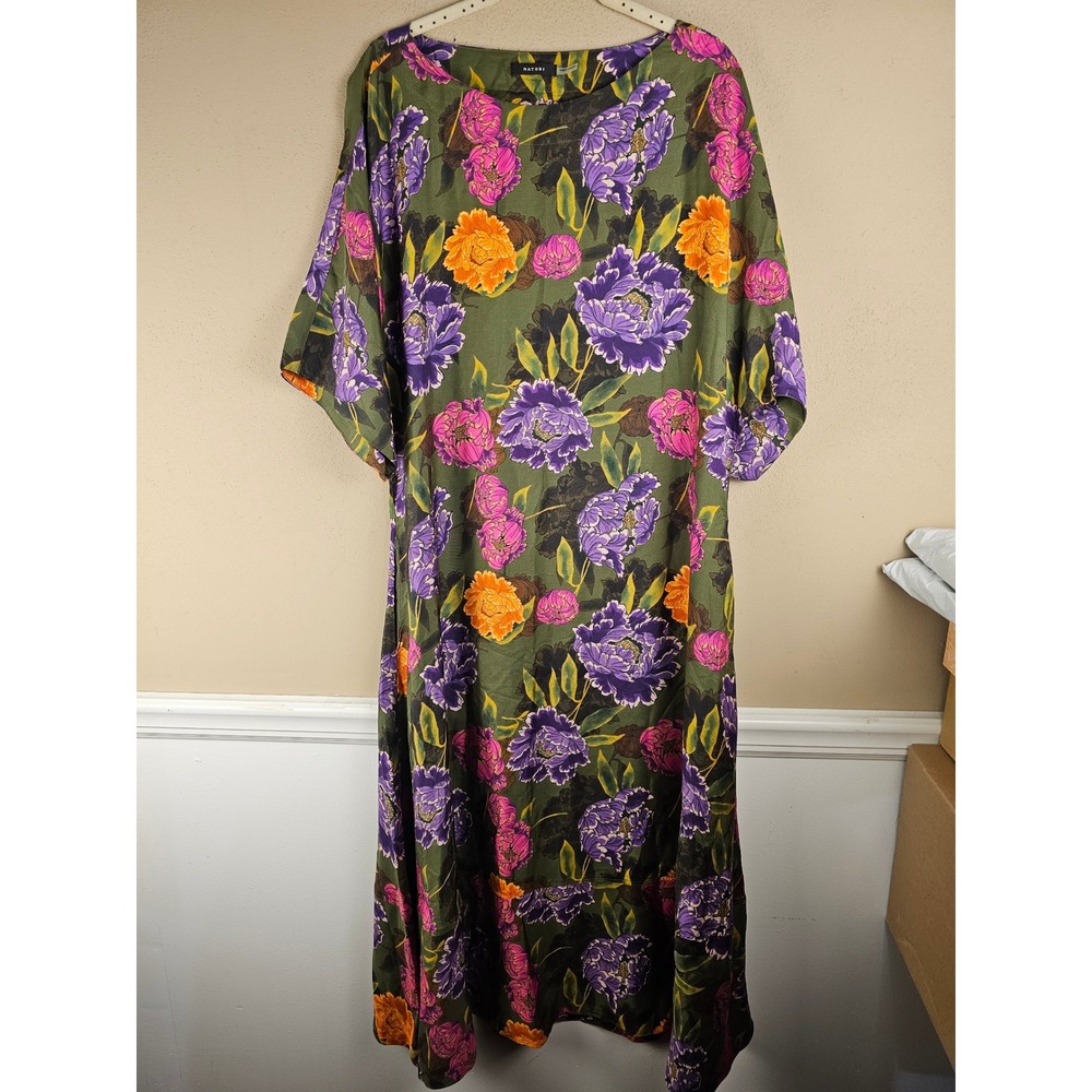 Natori Womens Green Floral Shugo Silk Blend Kimono Maxi Dress Large